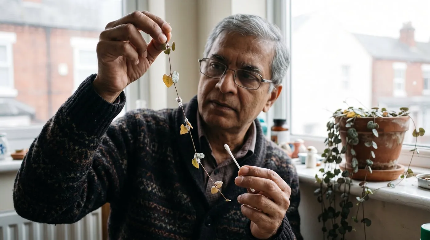 Man checking string of hearts leaf joints for white mealybug clusters, with a damp cotton bud in hand