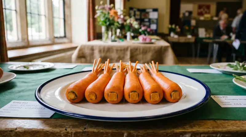 A dish of six perfectly matched stump-rooted Flyaway show carrots, washed clean