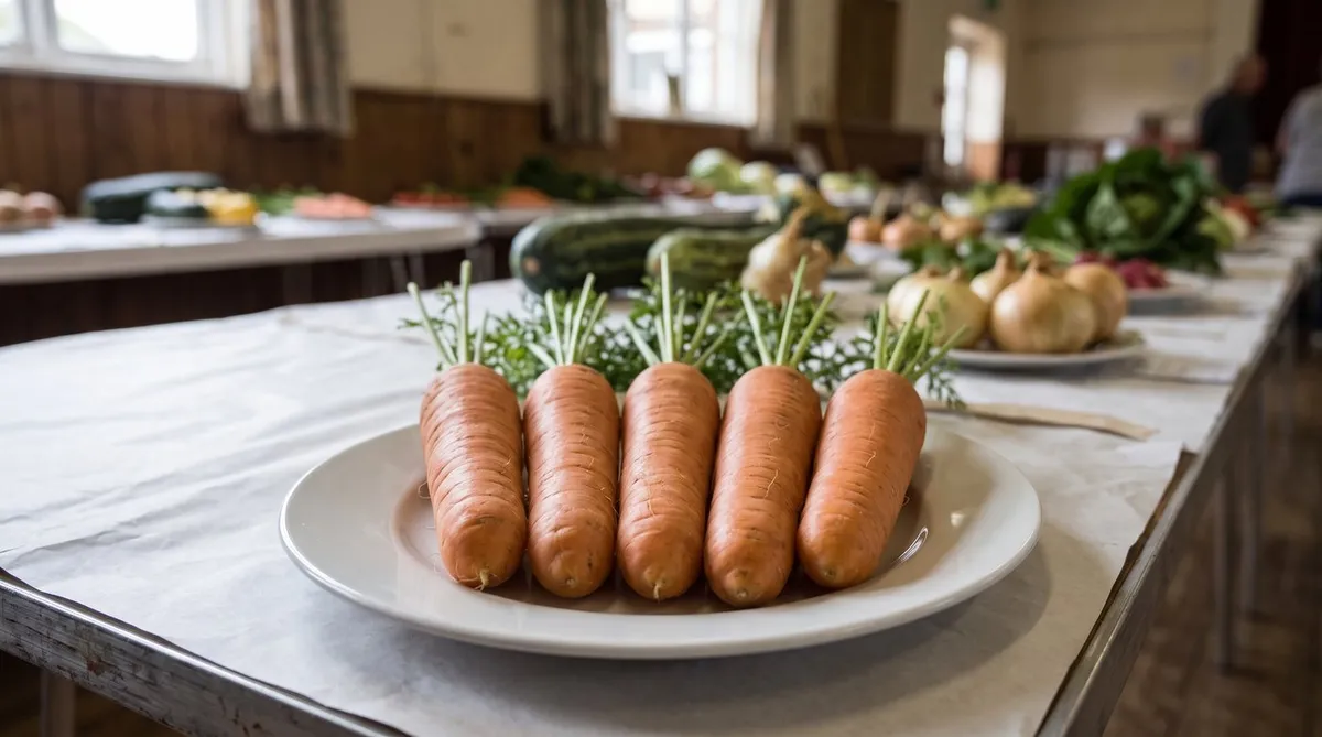 Five matched stump-rooted show carrots with neatly trimmed tops on a plate at a village veg show