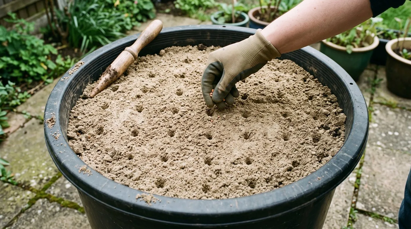 Gloved hand sowing carrot seeds onto filled holes in a drum of sandy mix