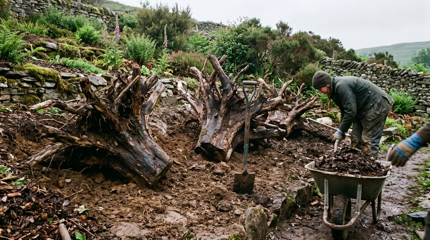 A partly built stumpery showing large oak root-balls set roots-up with their bases buried 25cm deep before planting