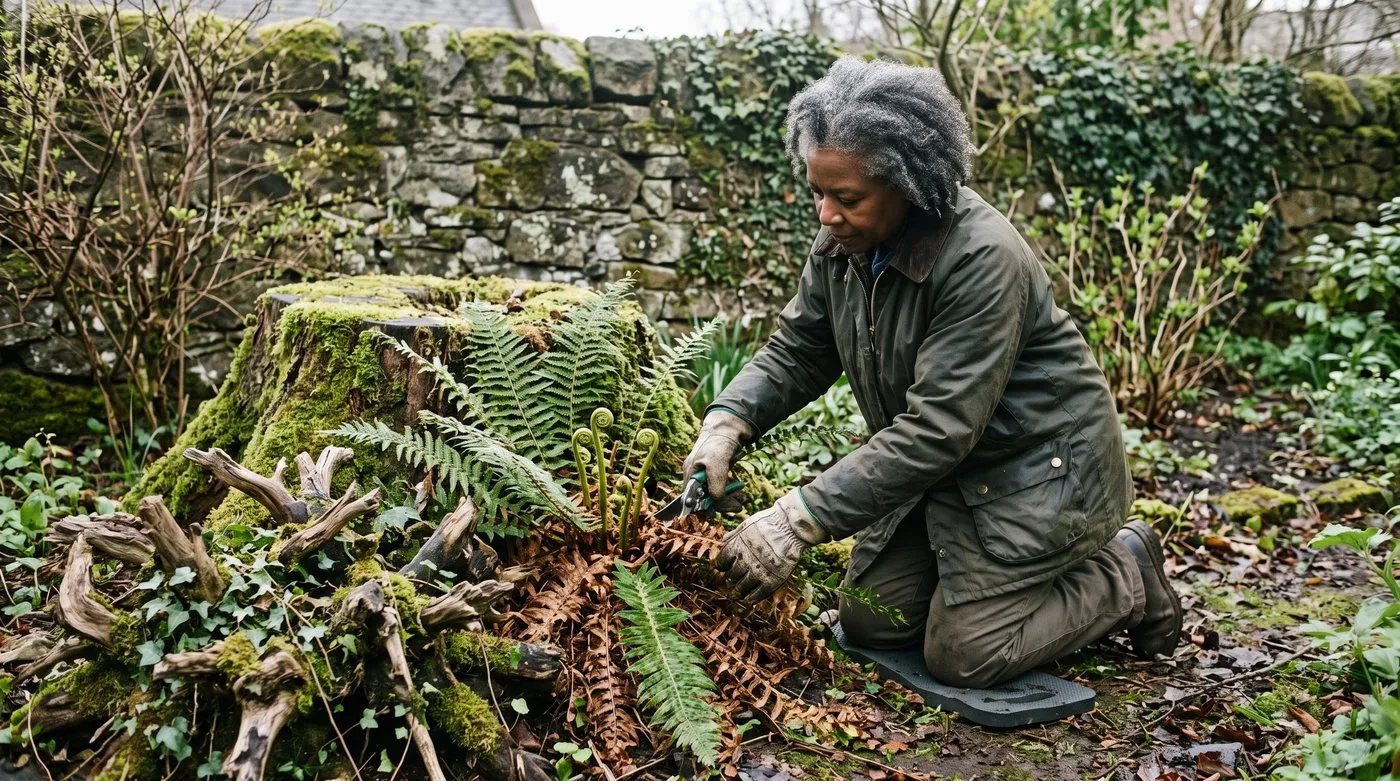 Gardener cutting old fern fronds back to the crown beside mossy stumps in early spring