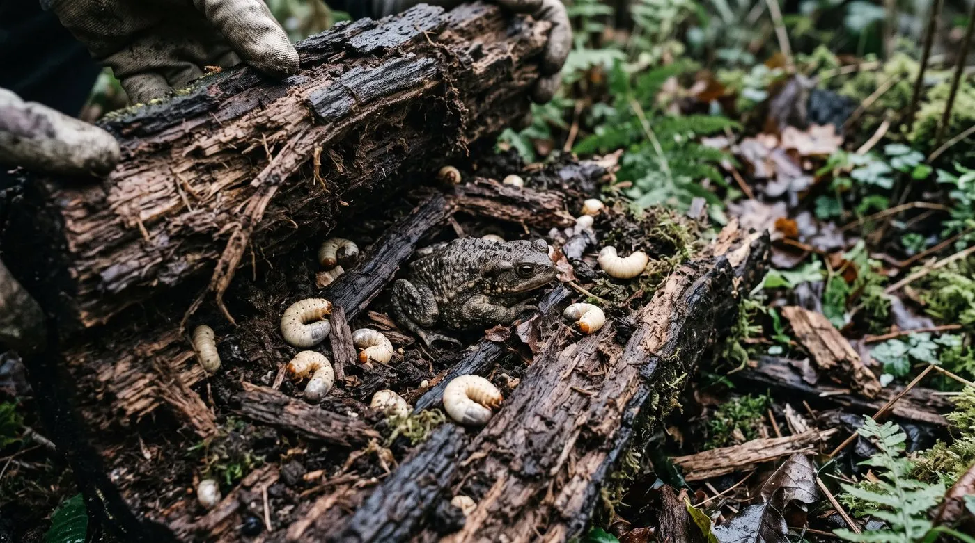 A rotting log rolled back to reveal pale beetle larvae and a toad sheltering in the damp deadwood of a stumpery