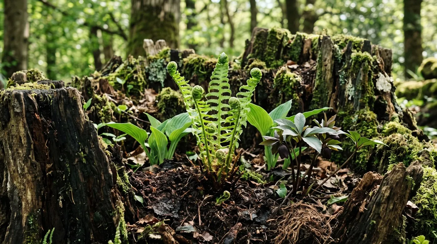 Ferns hostas and hellebores planted into the leafmould pockets of a shaded stumpery in a Welsh woodland garden