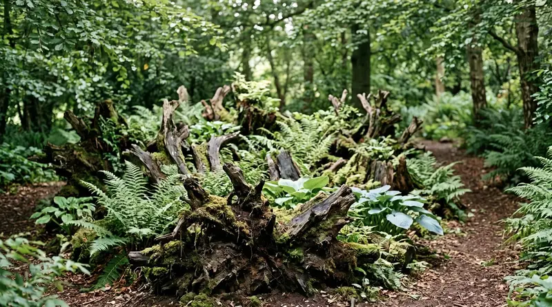 A shady stumpery of upturned tree roots planted with ferns and hostas in a woodland corner of a UK garden