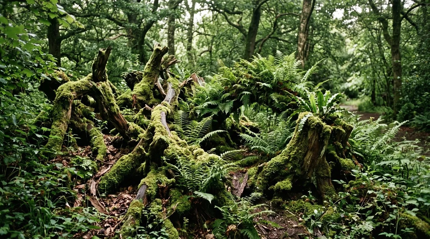 A mature moss-covered stumpery with established ferns and dappled light in a shaded Lake District garden
