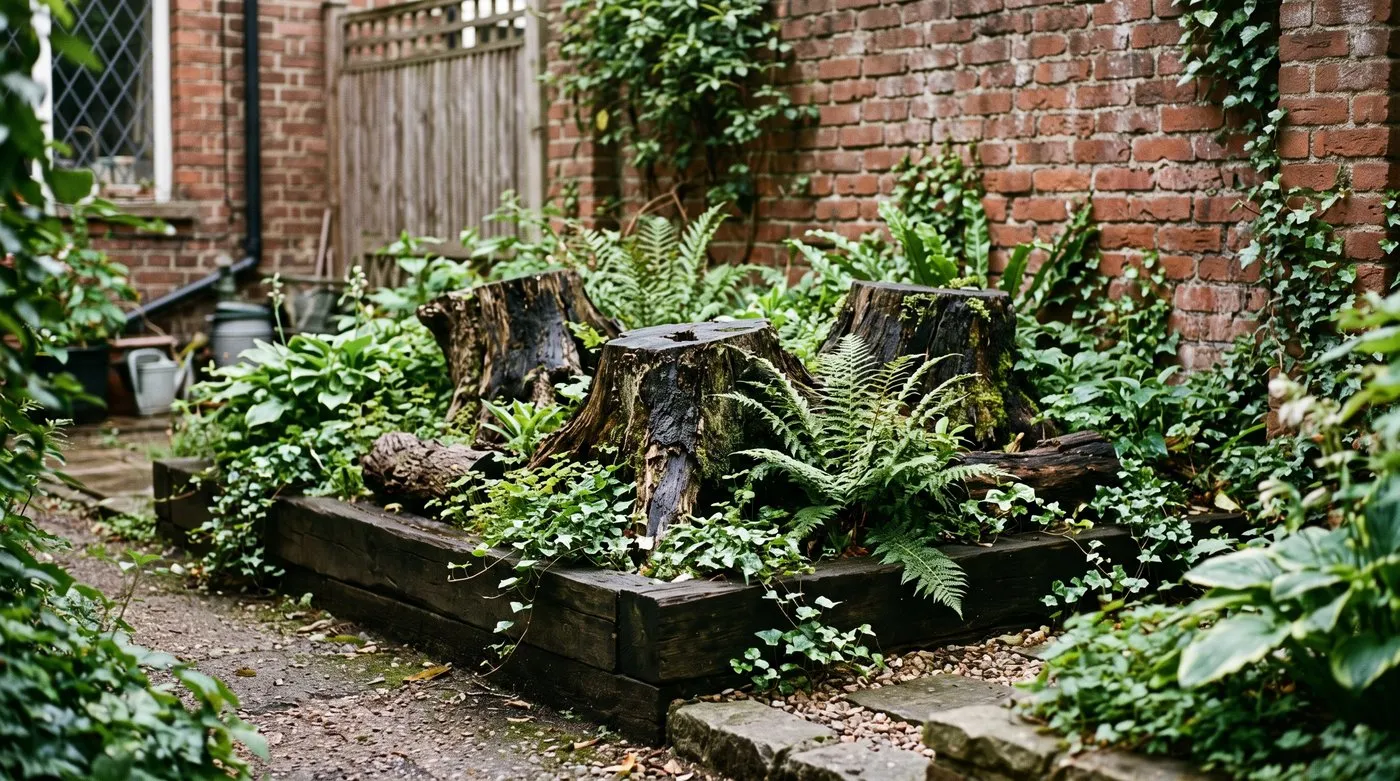 A compact stumpery of three upturned stumps and ferns tucked into a shady corner of a small London townhouse garden