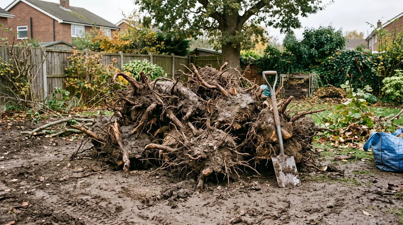 A tree surgeon's pile of freshly dug oak and beech root-balls ready to be collected for building a stumpery
