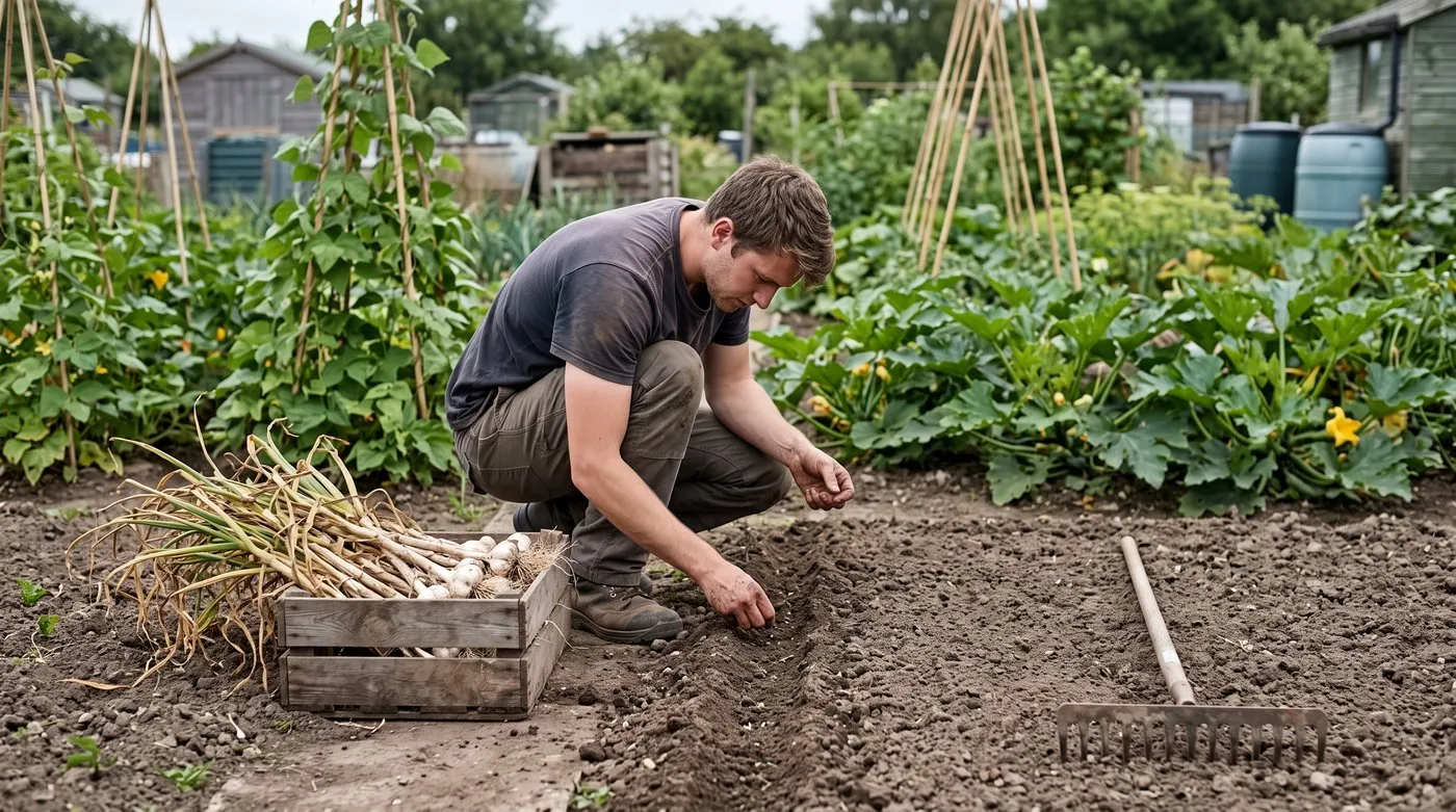 Man sowing rocket in a bed the same day the garlic was lifted on an allotment