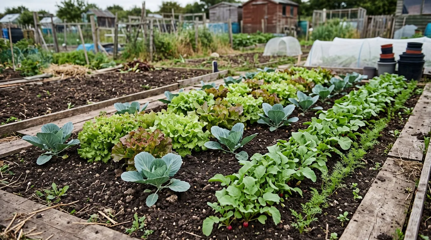 Lettuces growing in the gaps between young cabbages to make the most of the bed
