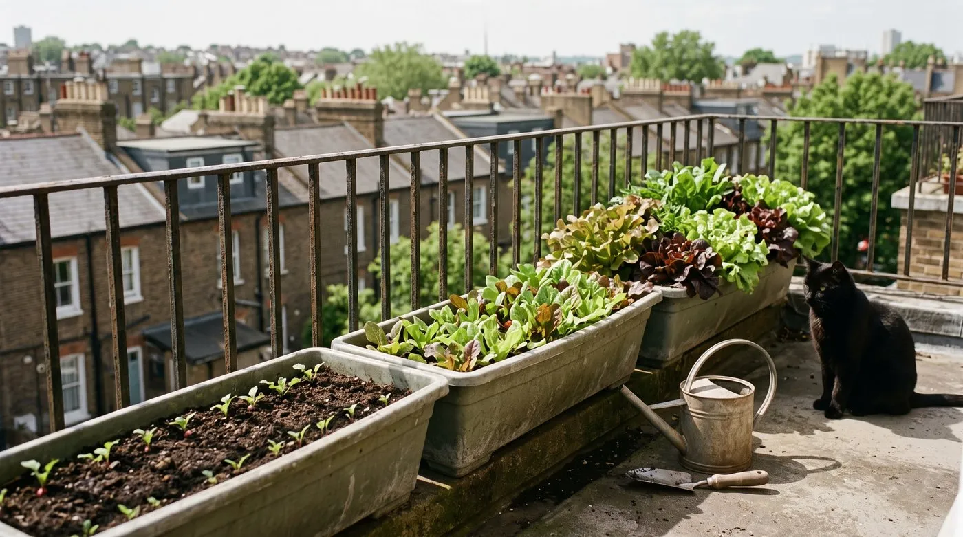 Three balcony troughs of salad at different growth stages, with a cat sitting beside them