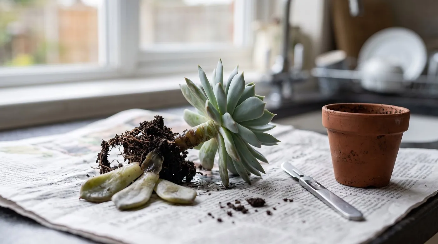 Indoor succulent with a soft, dark, rotting stem base lifted from wet compost on a kitchen worktop