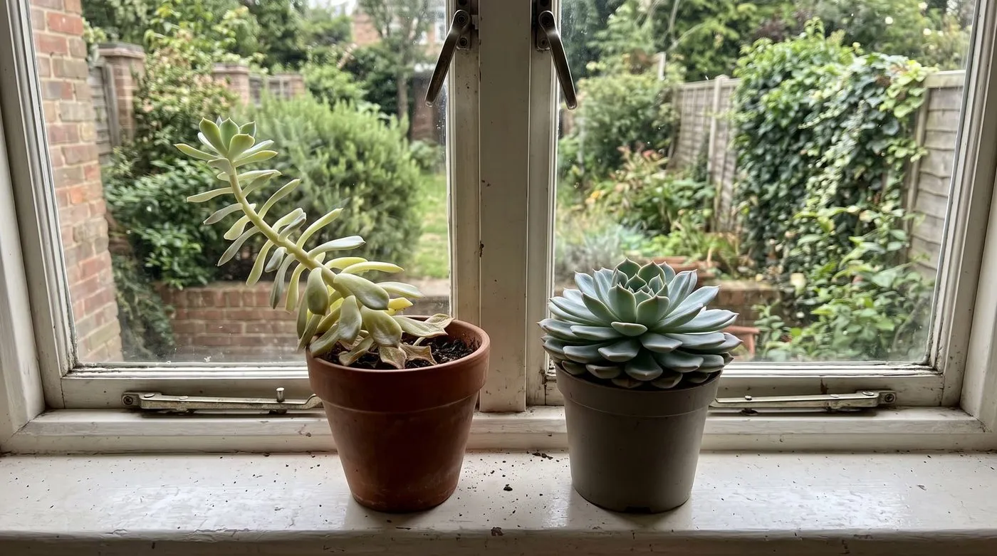 Stretched, etiolated succulent leaning toward window light compared to a compact healthy plant