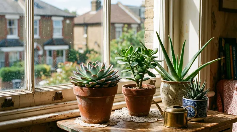 Collection of healthy echeveria, haworthia, and jade plant succulents in terracotta pots on a sunny south-facing UK