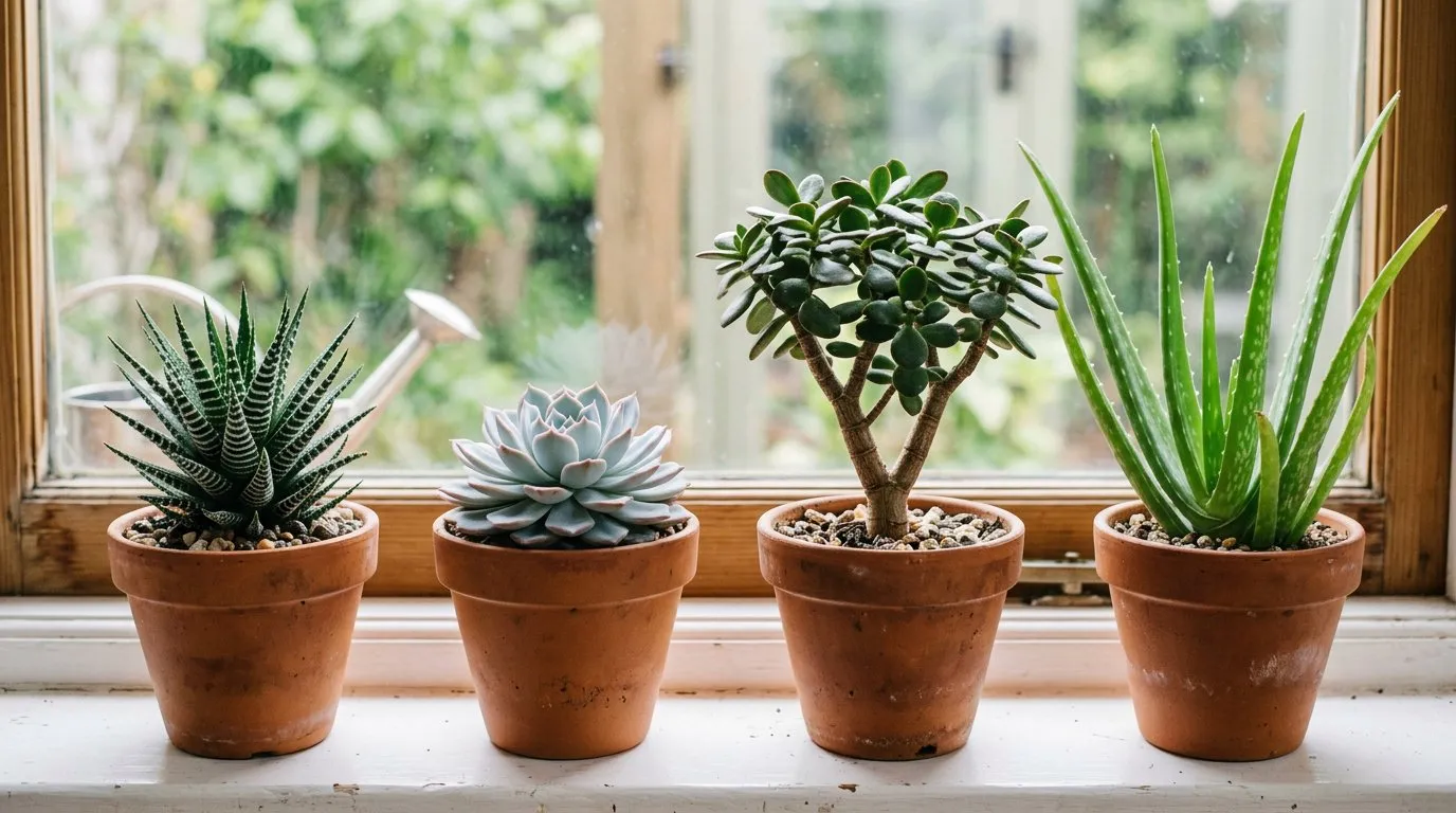 Selection of UK-suitable indoor succulents including haworthia, echeveria, jade plant, and aloe vera in matching pots