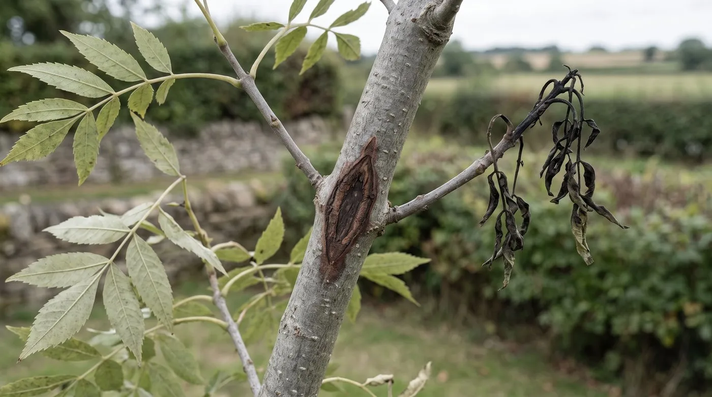 Ash branch with blackened wilting shoot tips and a dark diamond-shaped lesion on the bark