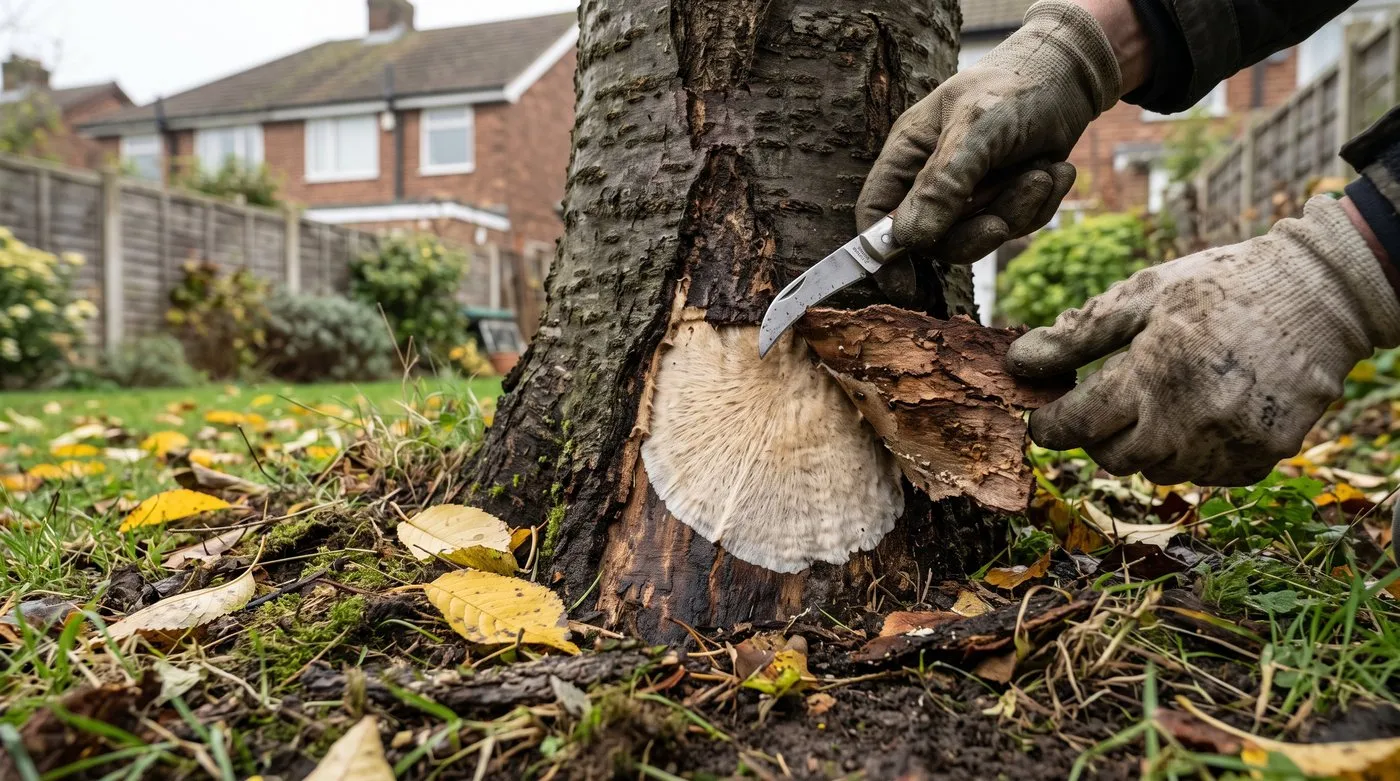 Gloved hands peeling bark at the base of a dying tree to reveal a creamy white sheet of honey fungus