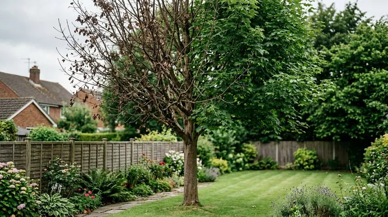 A mature UK garden tree with sudden severe dieback, half the crown brown and bare in summer while neighbouring trees stay