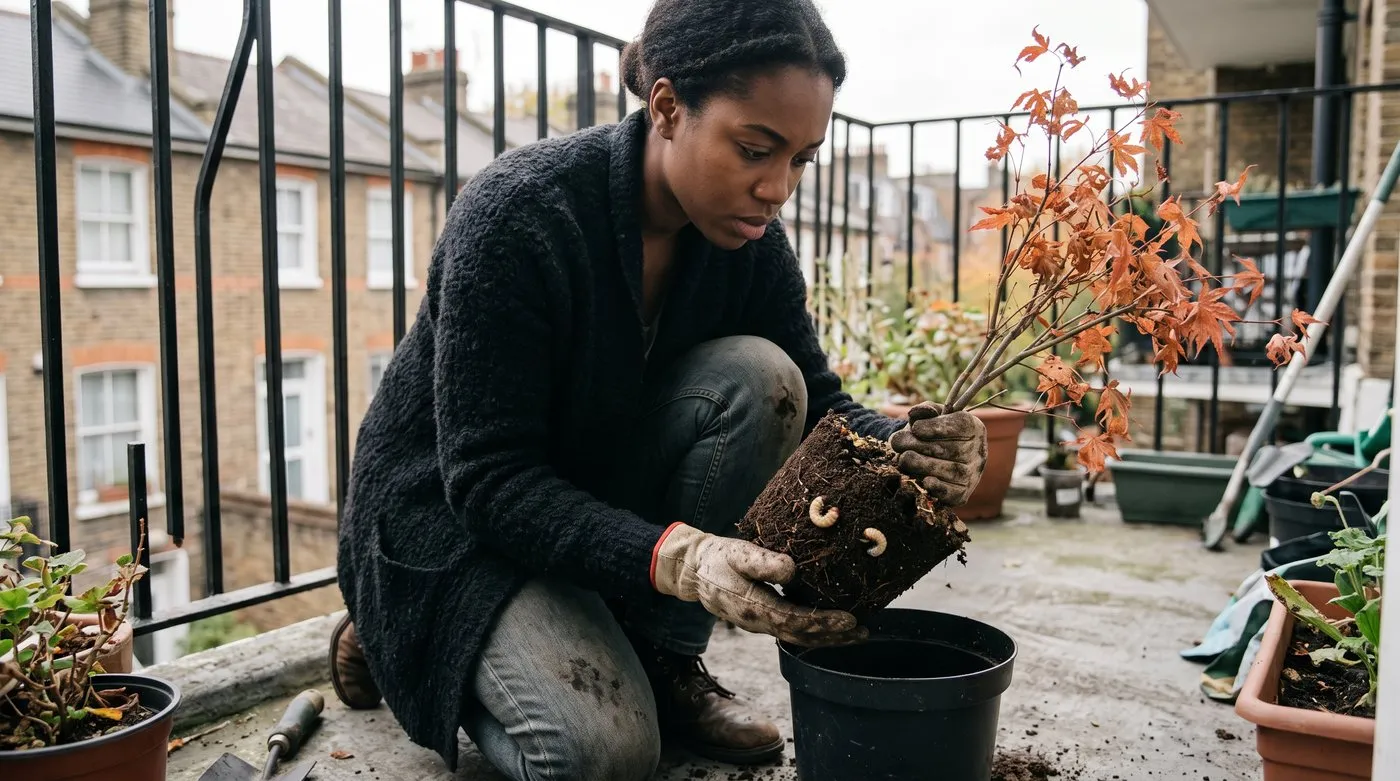 Woman tipping a wilting potted maple out of its pot to check the roots for vine weevil grubs