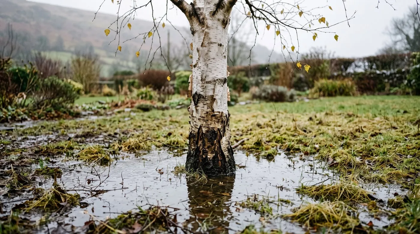 Base of a birch tree standing in waterlogged lawn with dark staining on the lower trunk