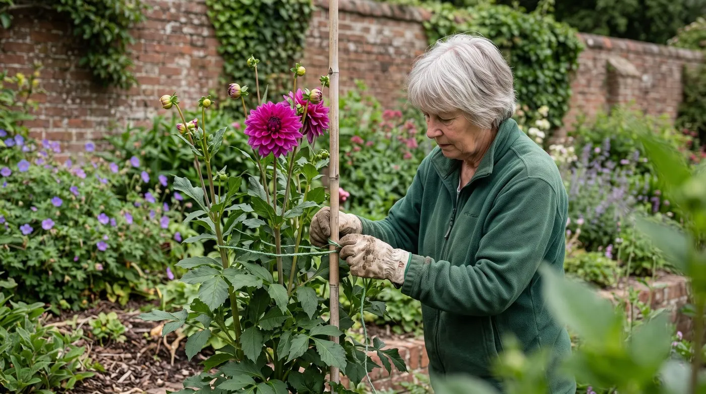 Older woman staking a tall magenta summer flowering dahlia to a bamboo cane in a UK terraced garden border