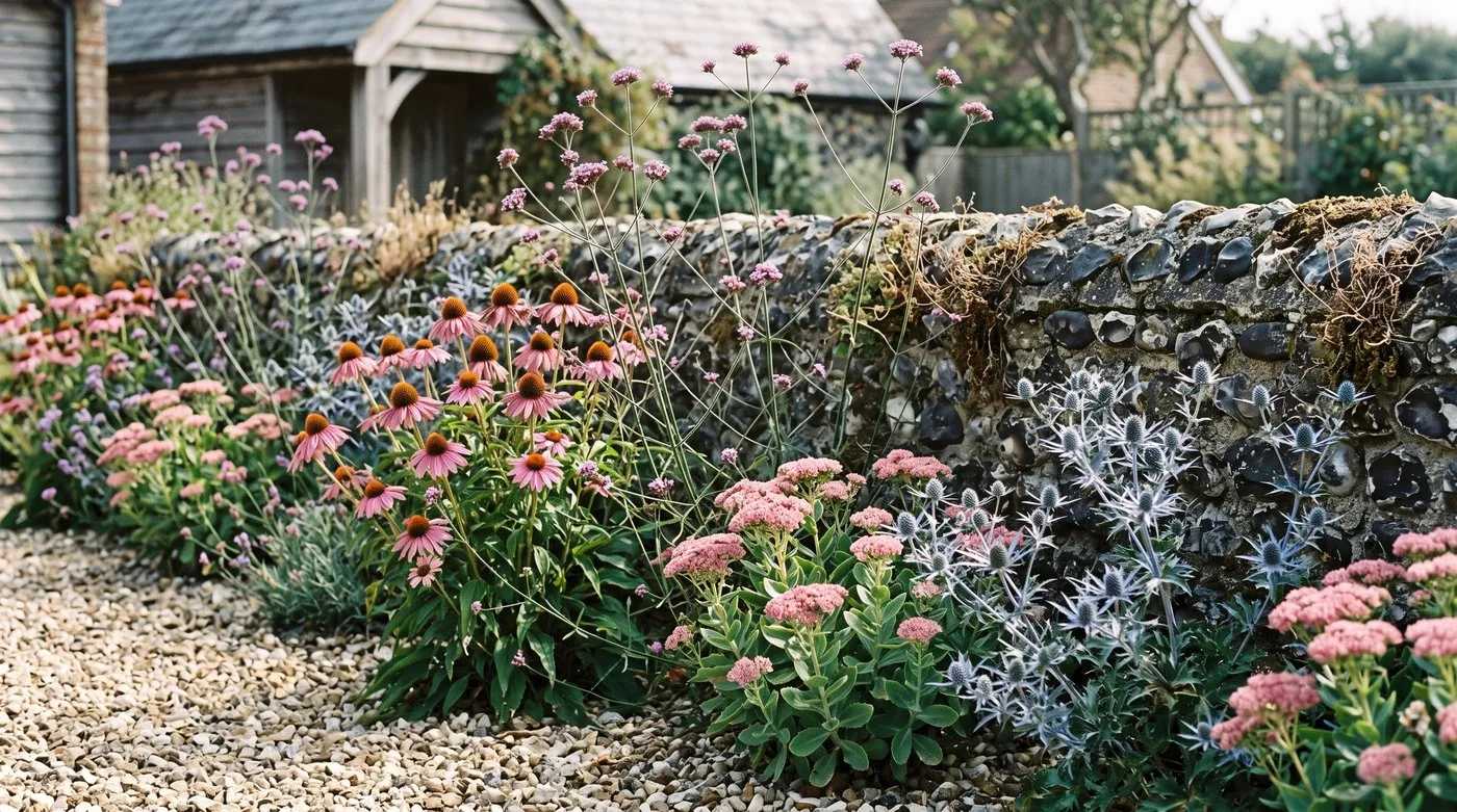 Drought-tolerant summer flowers including echinacea, verbena and sea holly in a sunny UK gravel border