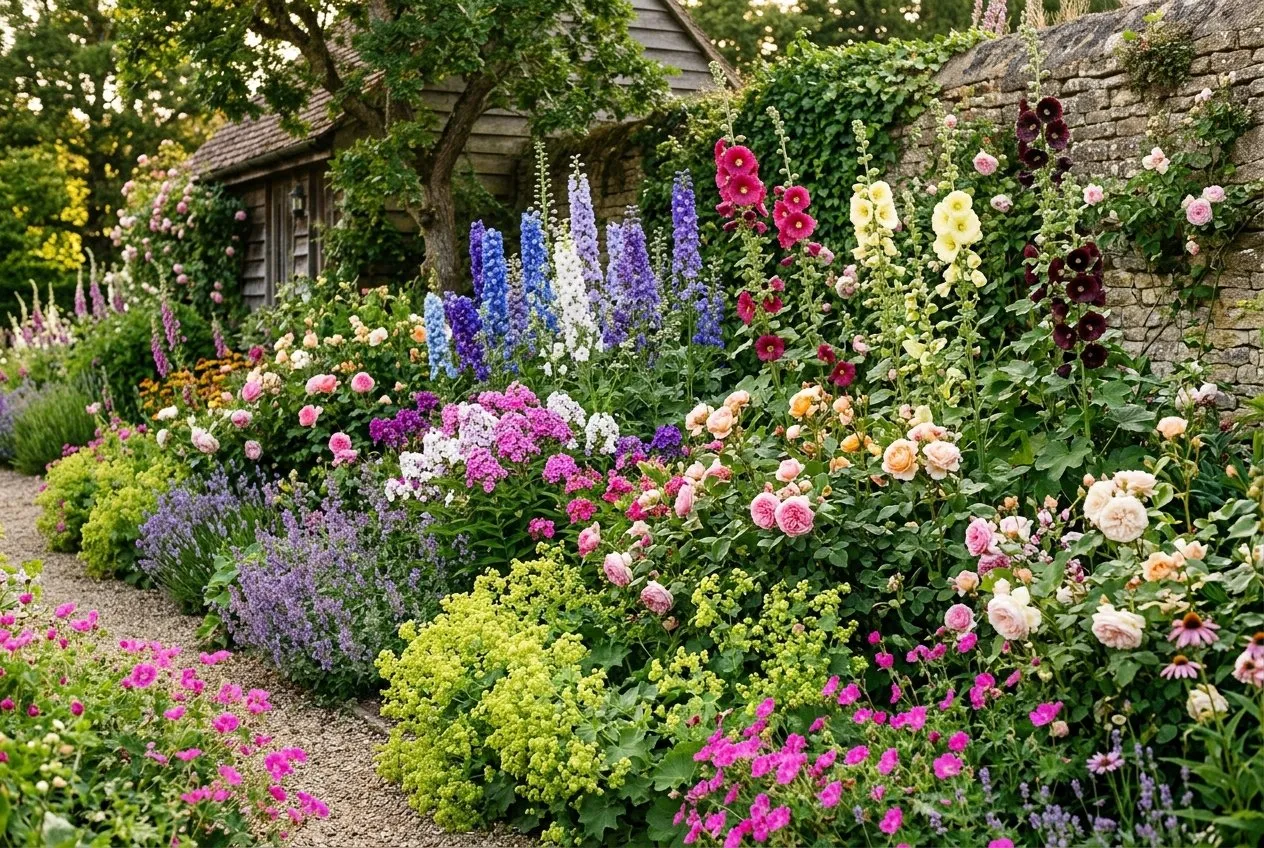 Summer flowers UK herbaceous border with delphiniums roses and phlox