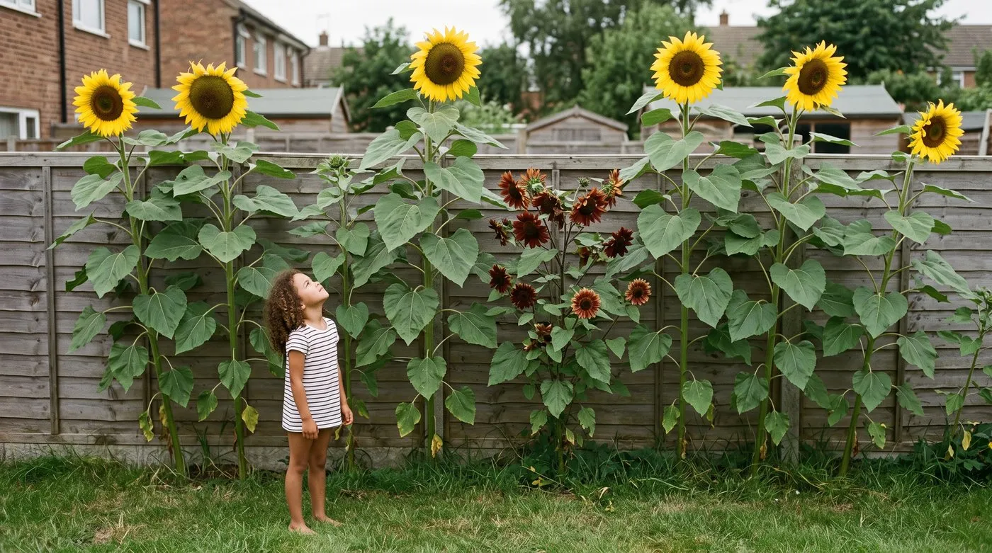 Young girl looking up at tall yellow summer sunflowers growing along a fence in a UK suburban back garden