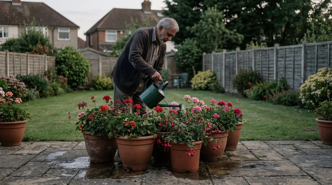Man watering summer pots of pelargoniums and fuchsias on a patio in the evening