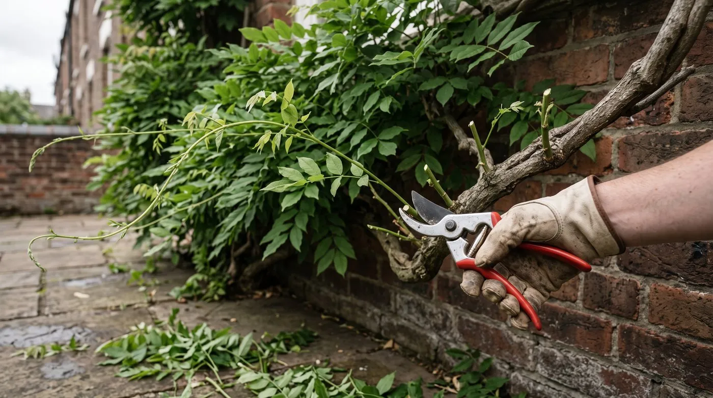 Wisteria on a brick wall with long summer shoots cut back to five or six leaves