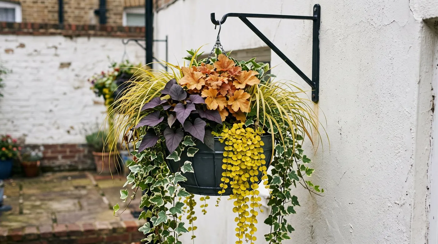 All-foliage hanging basket of orange heuchera, purple sweet potato vine, golden grass and trailing ivy