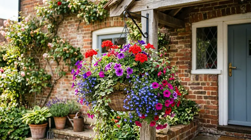 Lush summer hanging basket on UK cottage porch with red pelargoniums, purple petunias and trailing blue lobelia in full bloom