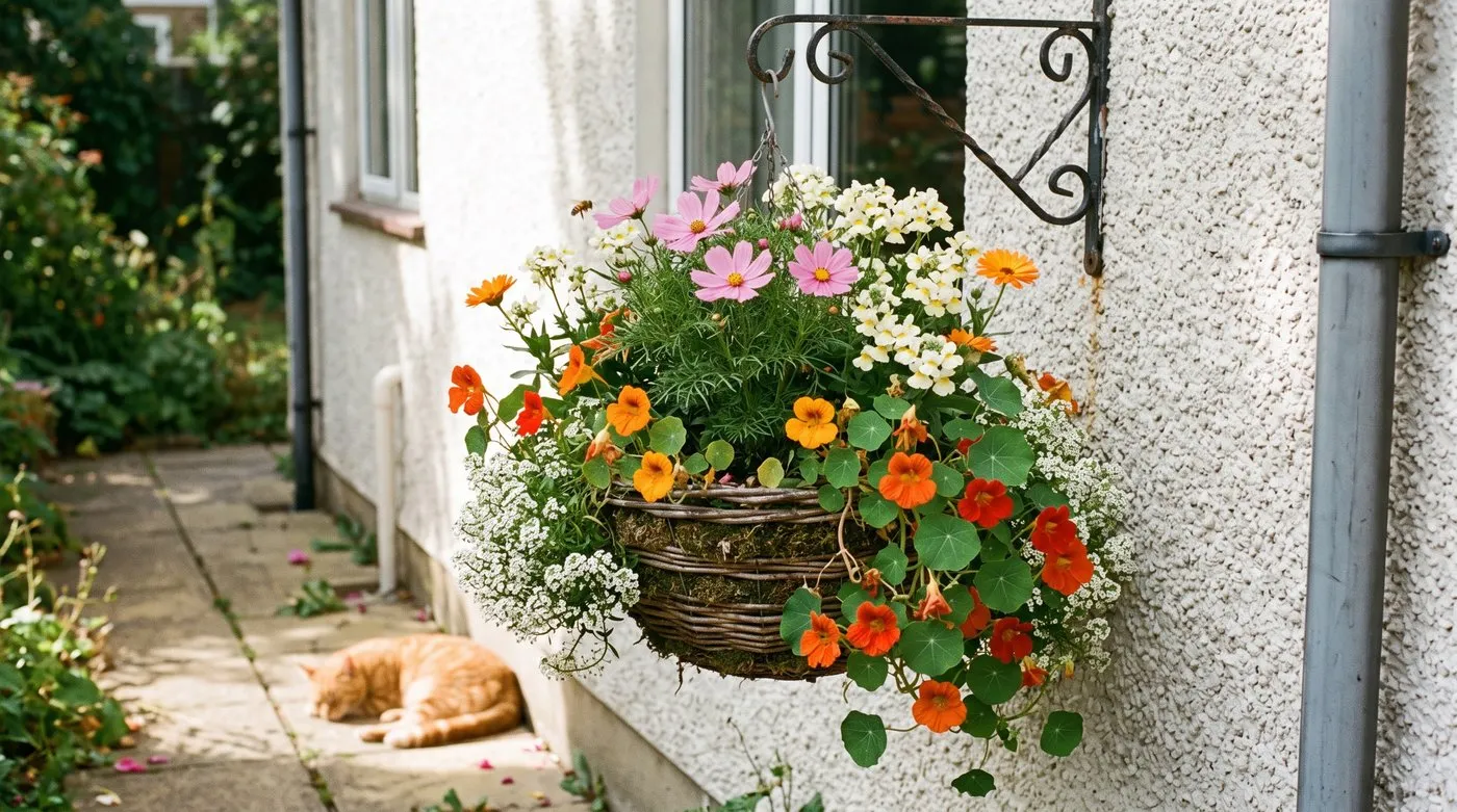 Hanging basket of pink cosmos, nemesia, orange calendula and trailing nasturtiums with a cat on the path below