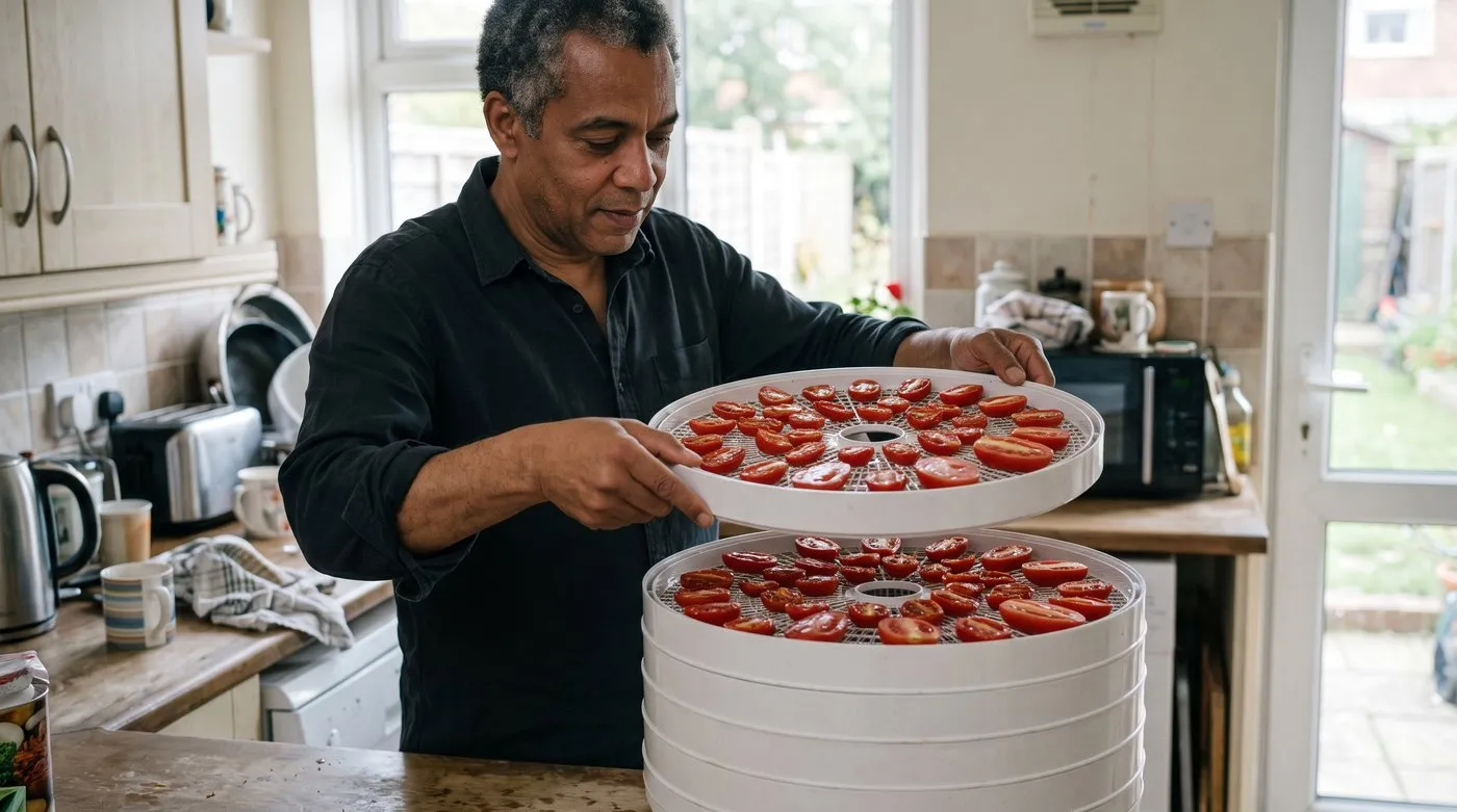 Man lifting a tray of halved cherry and plum tomatoes from a countertop dehydrator in a home kitchen