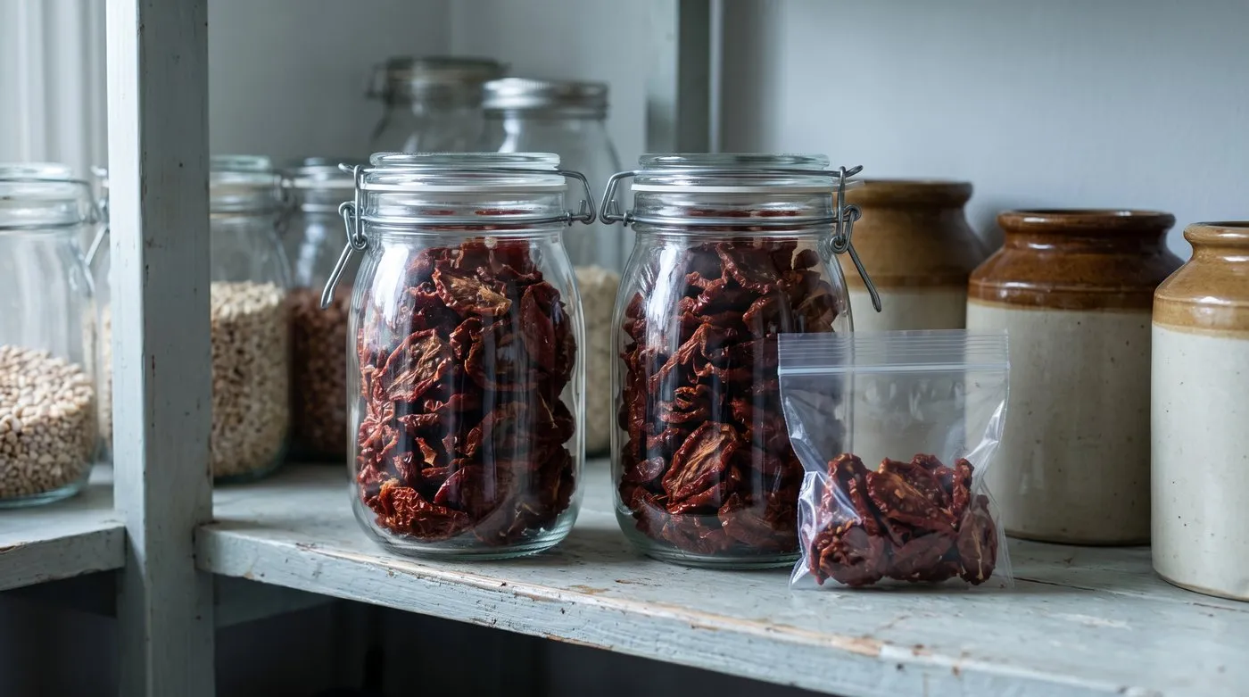 Airtight glass jars of dry home-dried tomato halves with no oil, on a cool pantry shelf