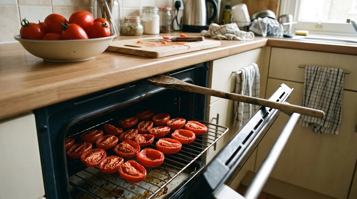 Halved plum tomatoes drying cut side up on a rack in an oven with the door propped open by a wooden spoon