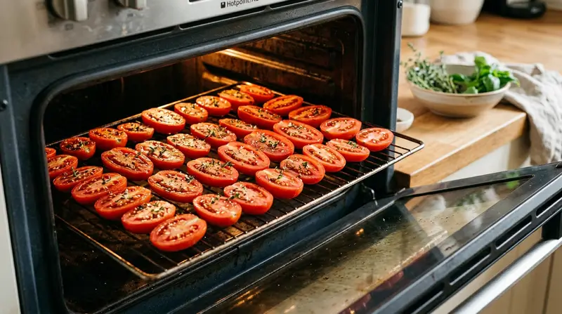Trays of halved Roma and San Marzano plum tomatoes seasoned with sea salt drying on a wire rack inside a UK domestic oven