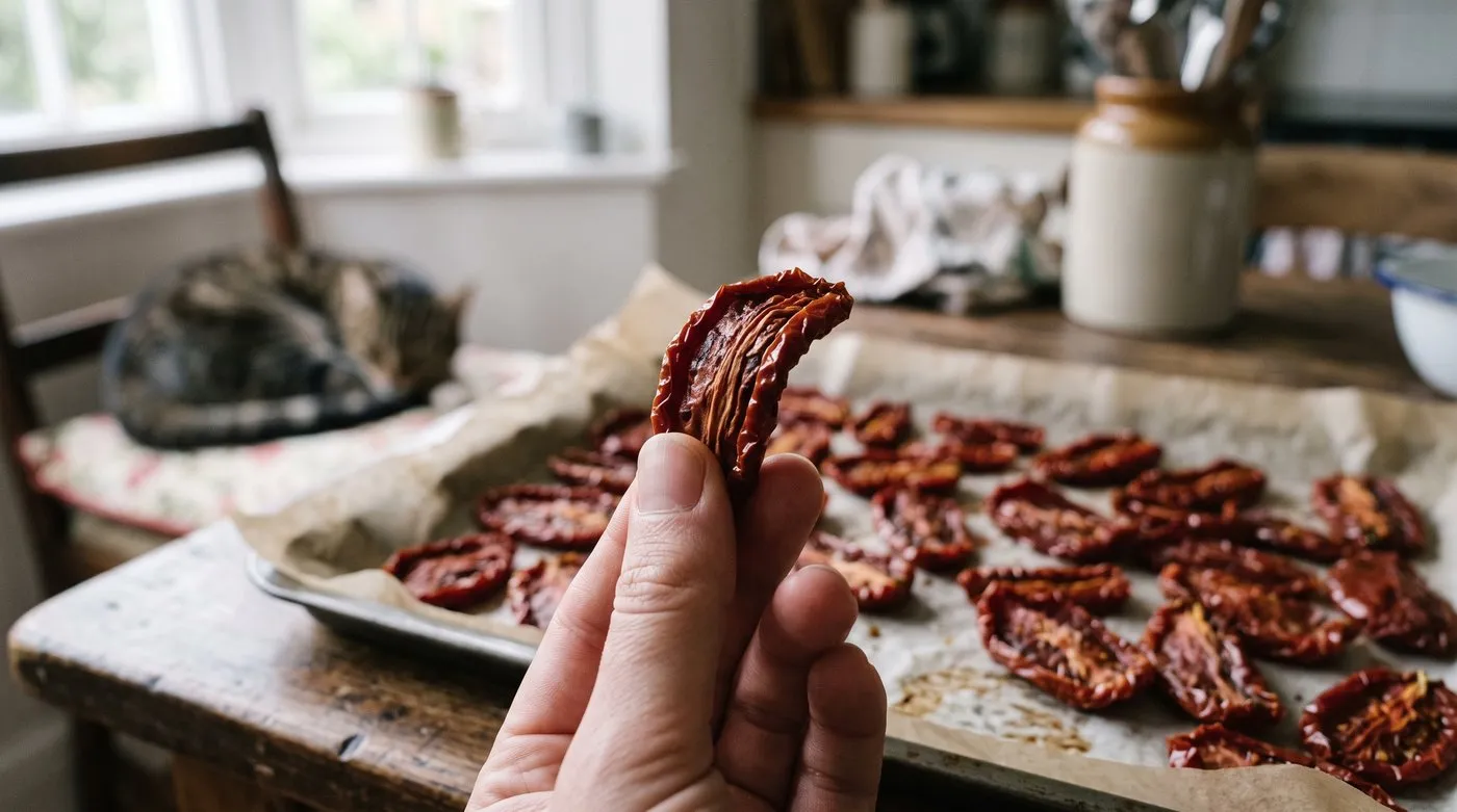 Fingers bending a leathery dried tomato half above a tray of finished dried tomatoes cooling on a table