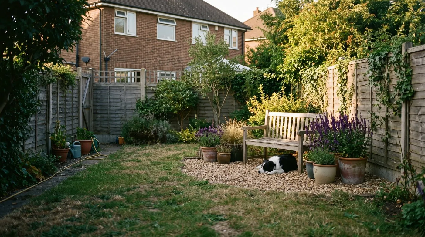 Wooden bench in evening sun at the far end of a garden with a dog lying beside it