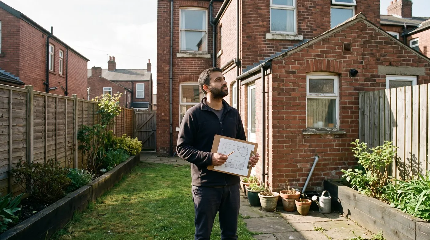Man with a clipboard sketching where fence and house shadows fall across a small back garden