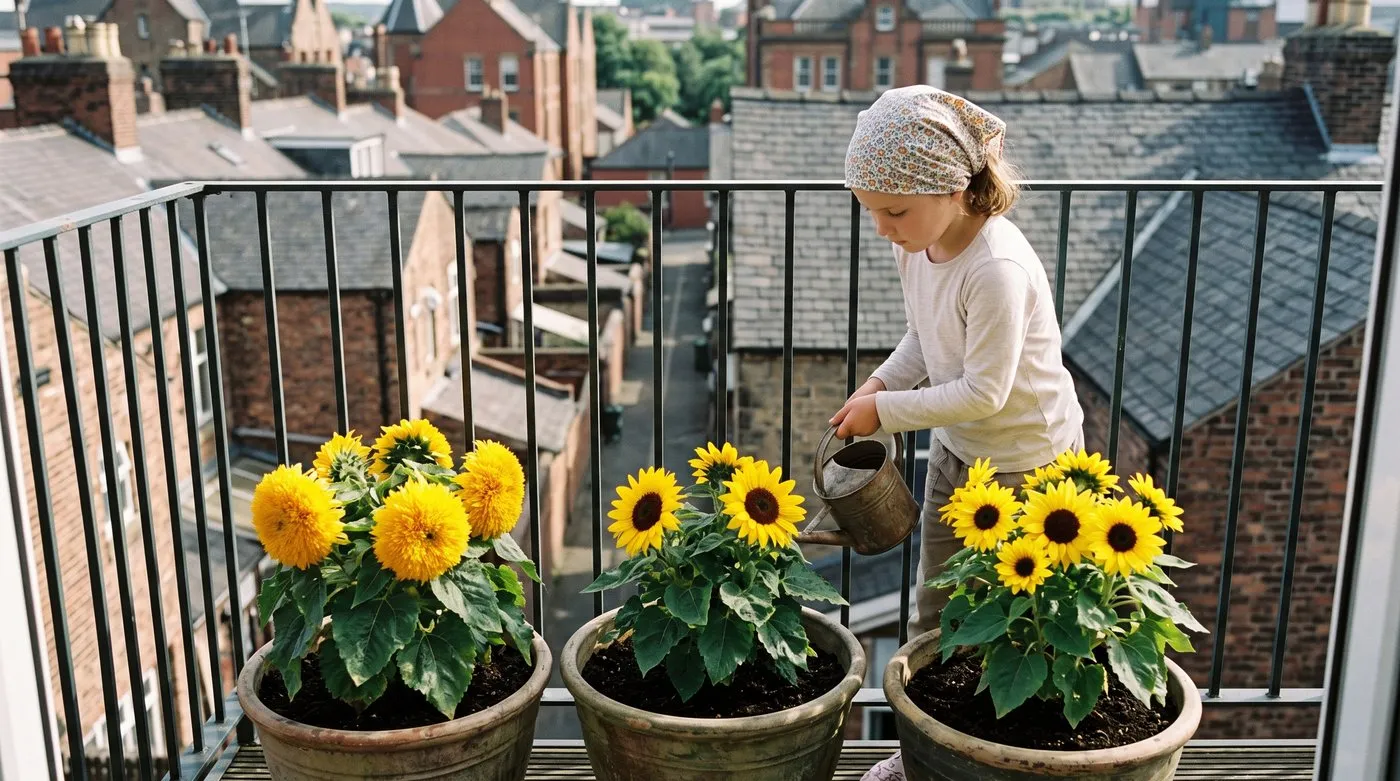 Girl watering pots of dwarf sunflowers, including fluffy double flowers, on a sunny balcony