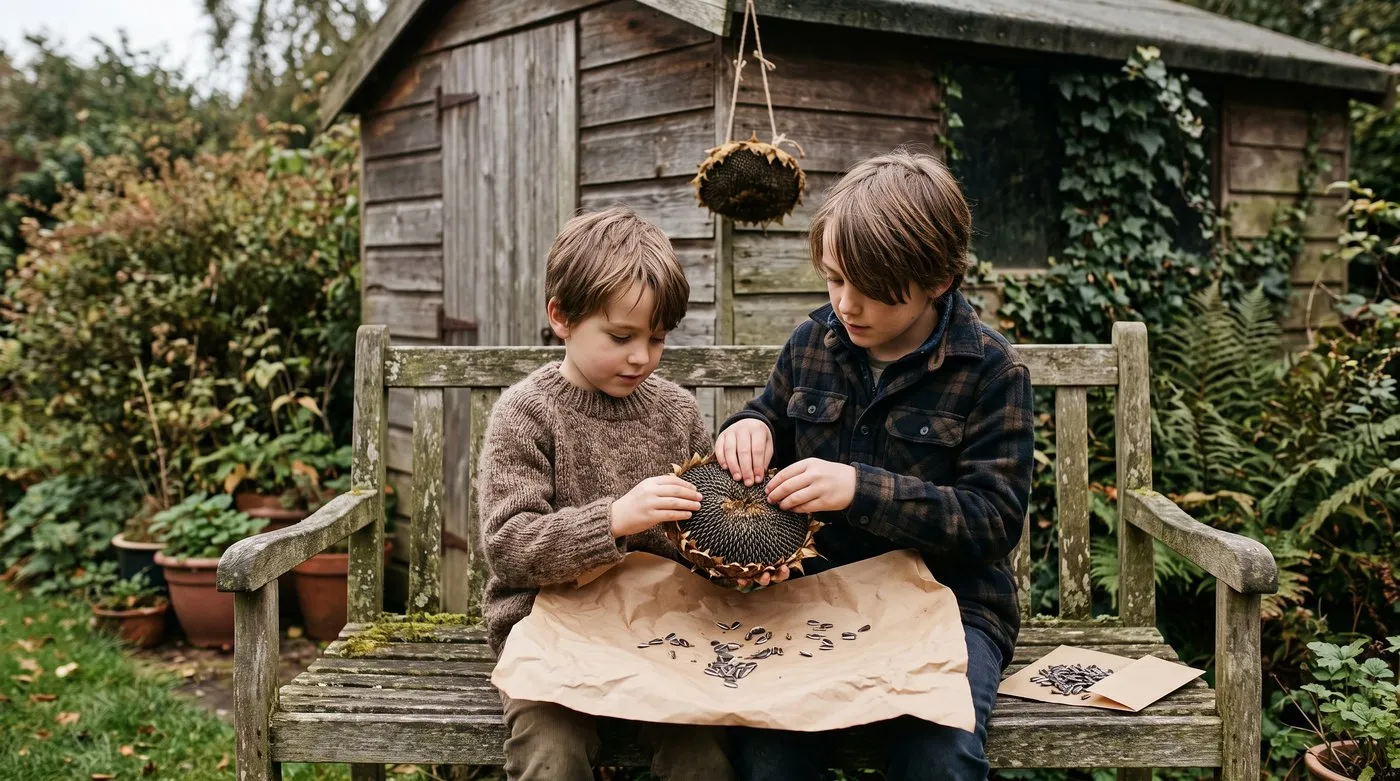 Two children rubbing ripe seeds out of a dried sunflower head onto paper on a garden bench