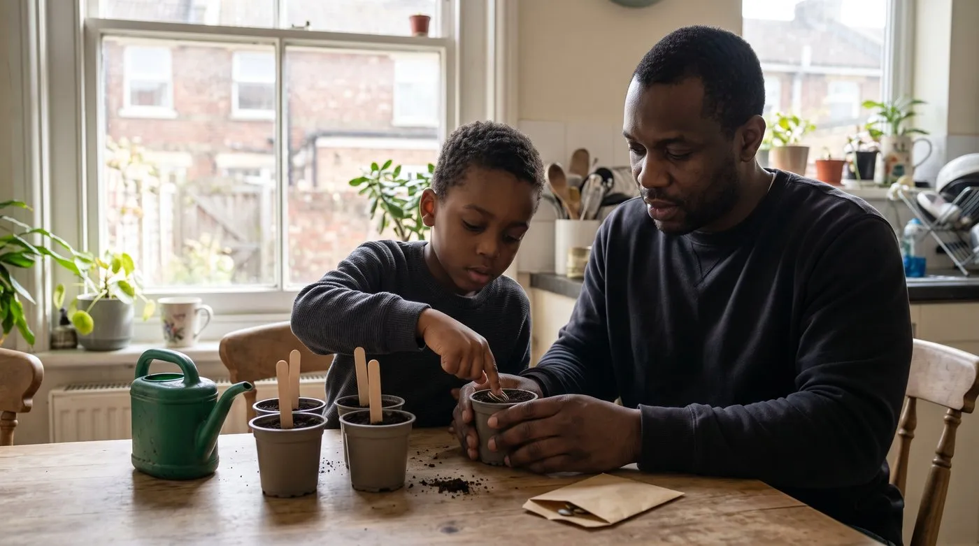 Boy pushing a sunflower seed into a pot of compost at a kitchen table with his dad