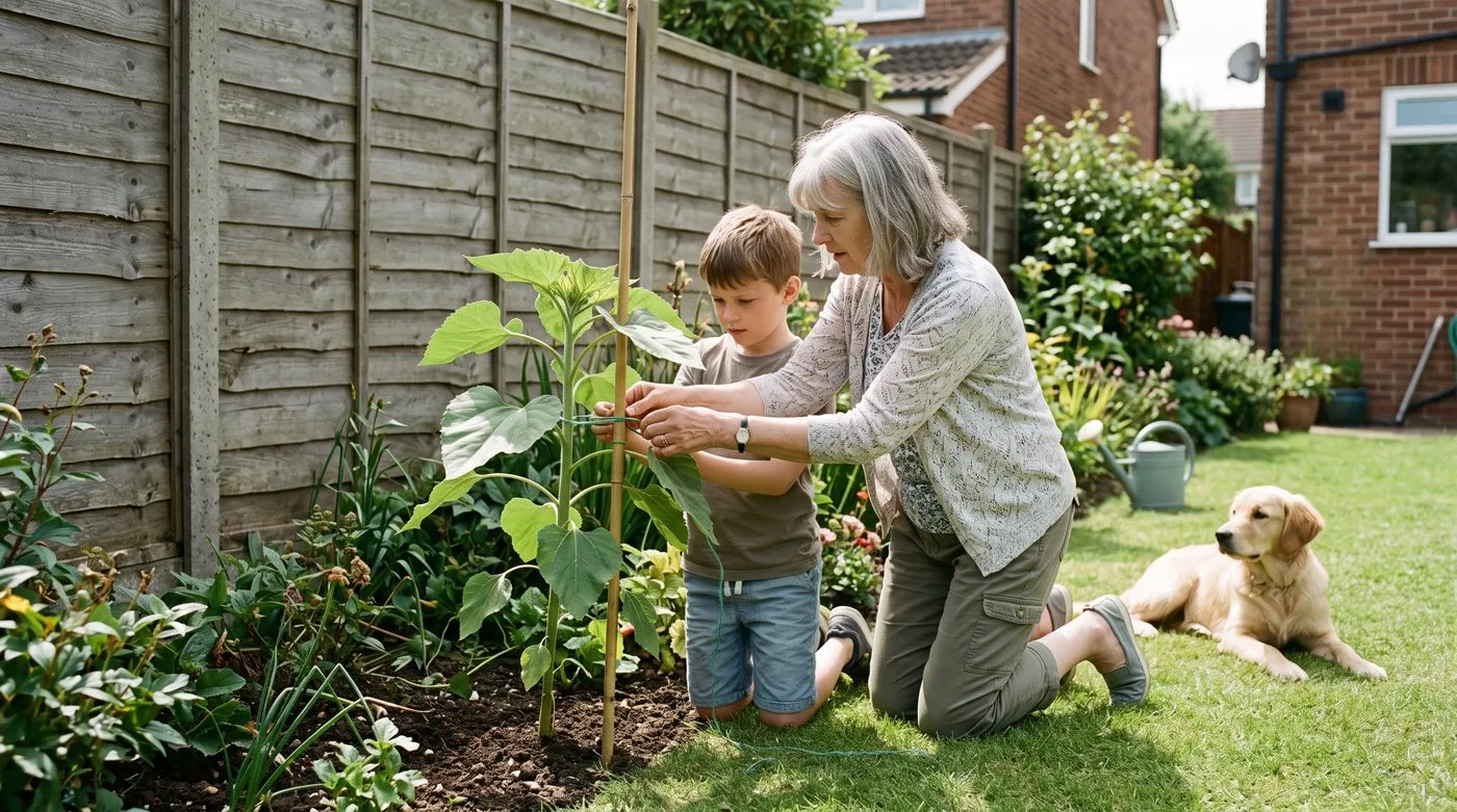 Grandmother and boy tying a young sunflower to a bamboo cane in a garden border with a dog nearby