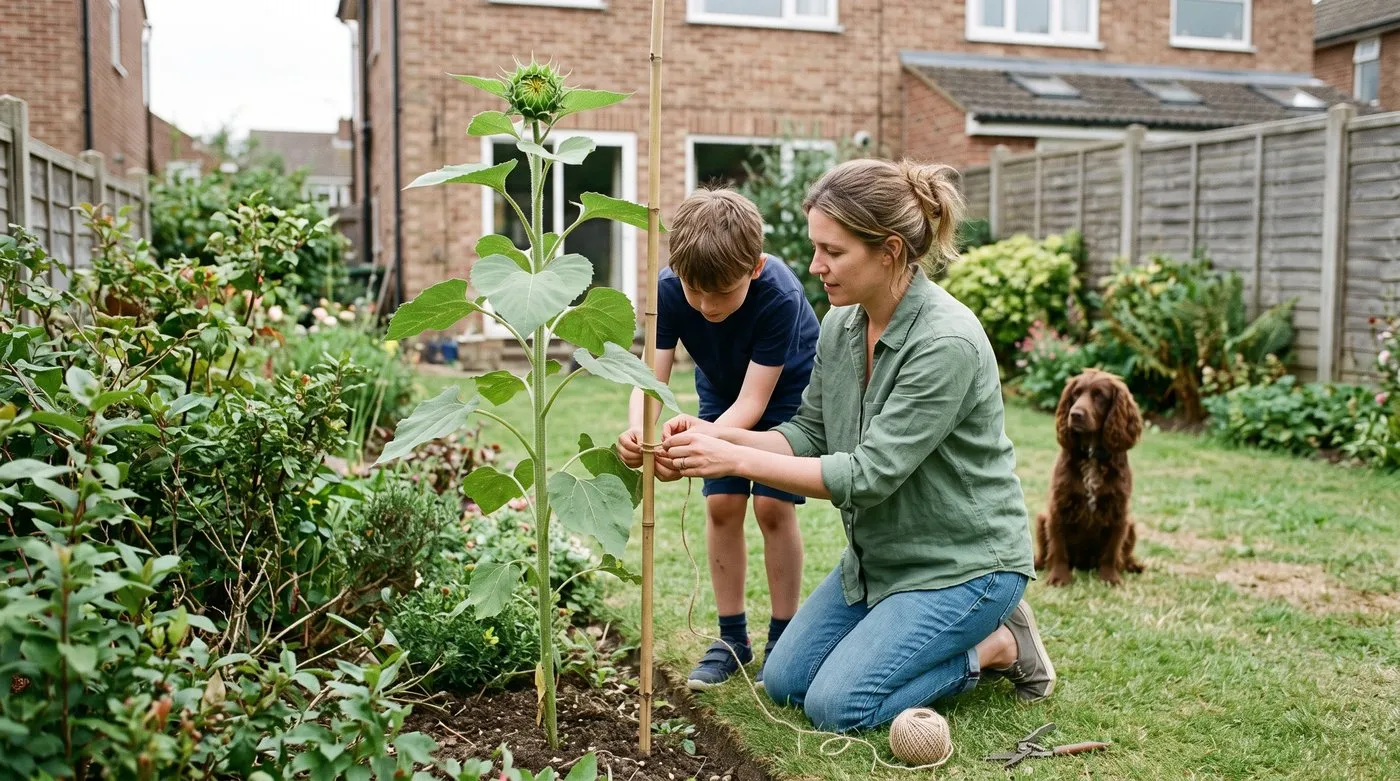 Mother and son tying a young sunflower to a cane with soft twine as their dog watches