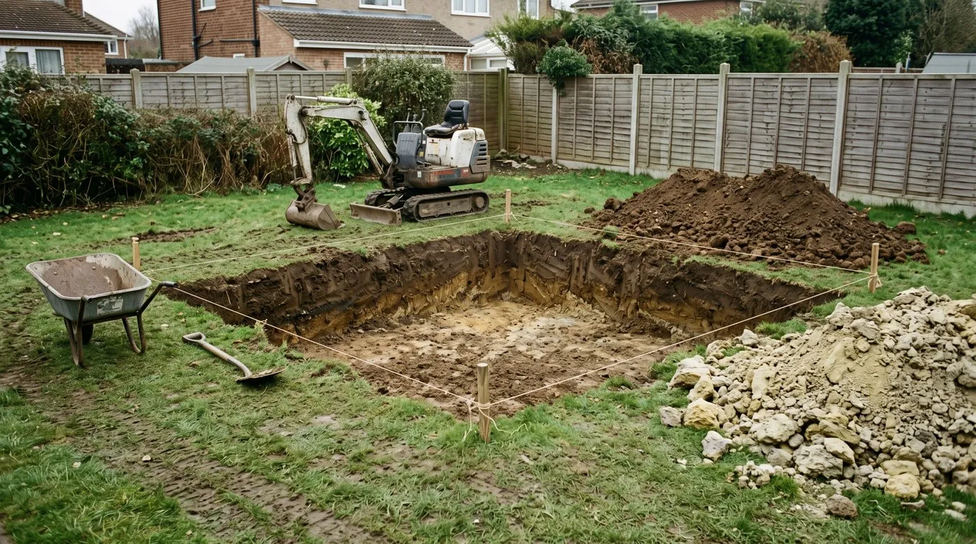 Sunken garden excavation with a mini digger and separate heaps of dark topsoil and pale subsoil