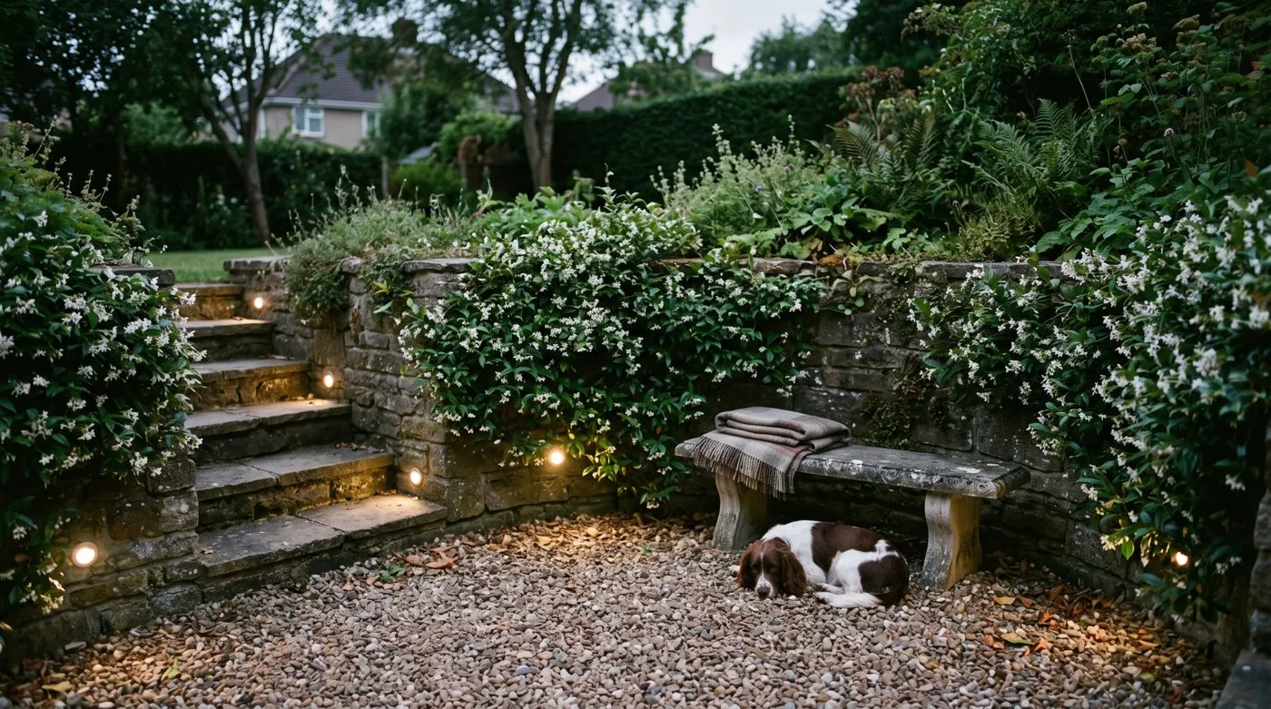 Sunken garden at dusk with warm step lights and wall lights, and a spaniel resting by a stone bench