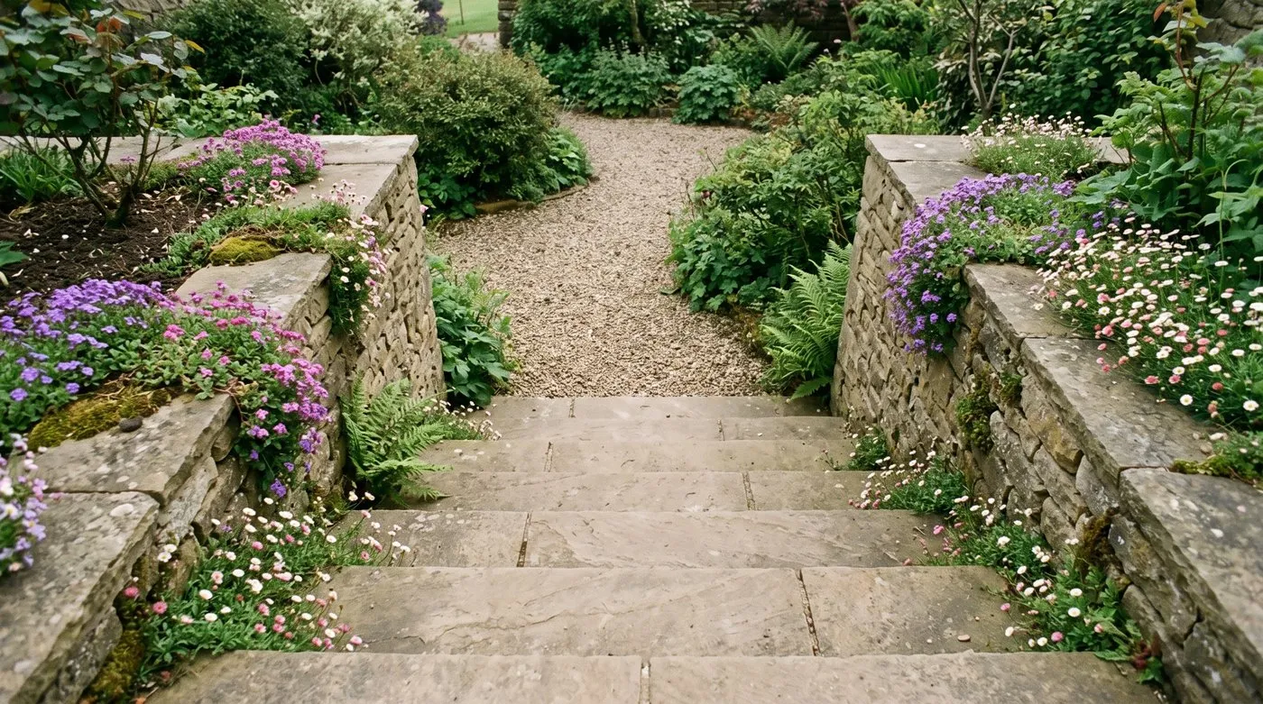 Wide sandstone steps leading down into a sunken garden between planted dry-stone walls