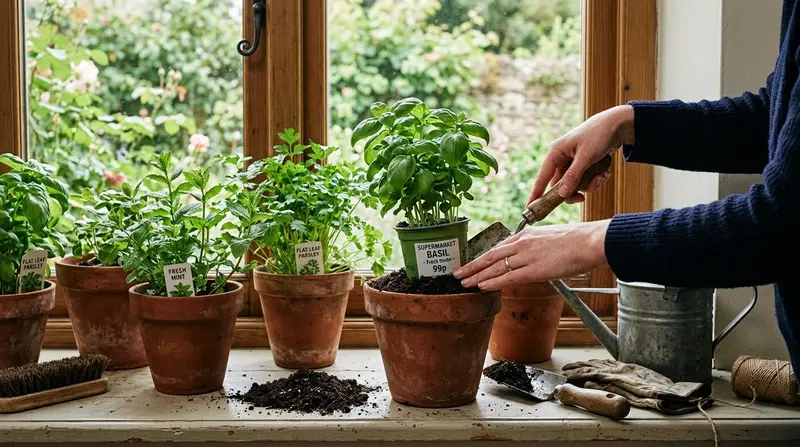 Supermarket basil mint and parsley pots being potted up into terracotta on a UK kitchen windowsill with fresh thriving herbs