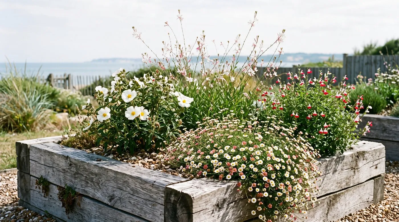 Raised bed of white cistus, gaura, Mexican fleabane and red and white salvia in sunny gravel